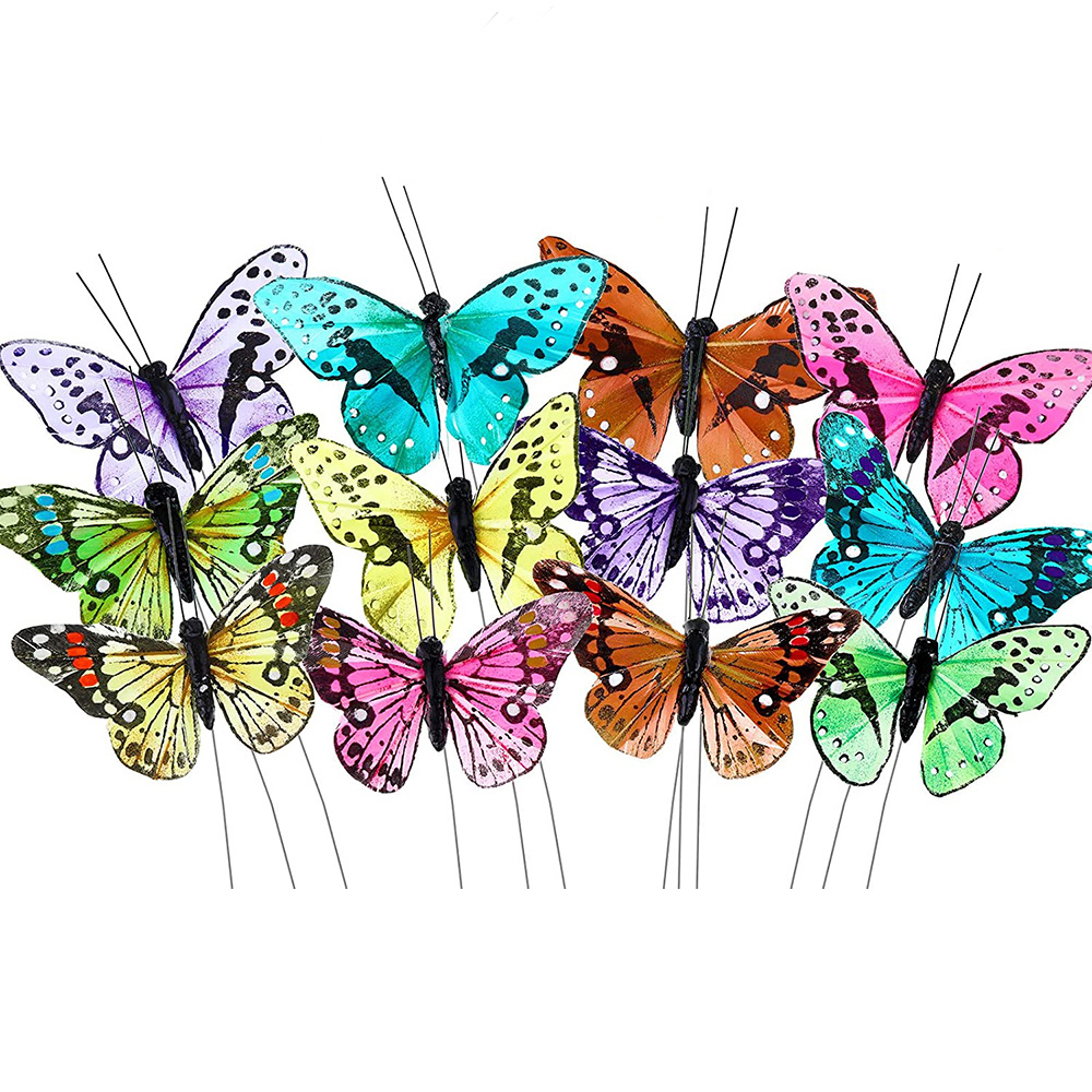  YCHTEWY - Juego de 12 piezas de decoración de mariposas de  plumas con alambre blanco mariposas para arreglos florales (B) : Arte y  Manualidades