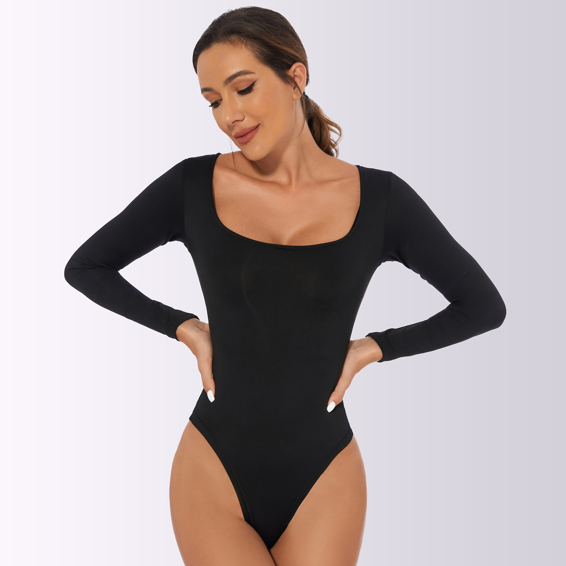 uhnmki Long Sleeve Bodysuit Square Neck Sexy See Through Built in Bra Twist  Front Party Club Streetwear Thong Body Suits Top : : Clothing