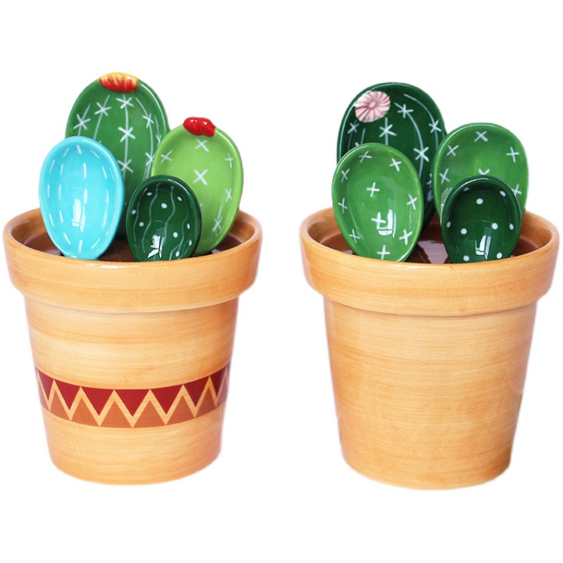 Cute Ceramic Cactus Measuring Spoons And Cups Set With Holder