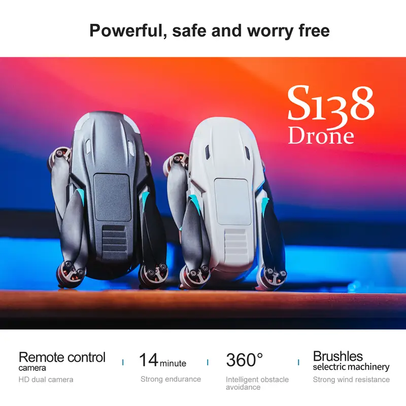 s138 foldable drone with auto avoid obstacles hd camera brushless motor live video gravity sensor gesture control optical flow positioning headless mode 3d flip rtf includes carrying bag details 7