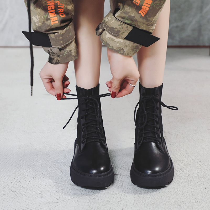 Women's Stitching Knit Combat Boots, Black Platform Short Boots