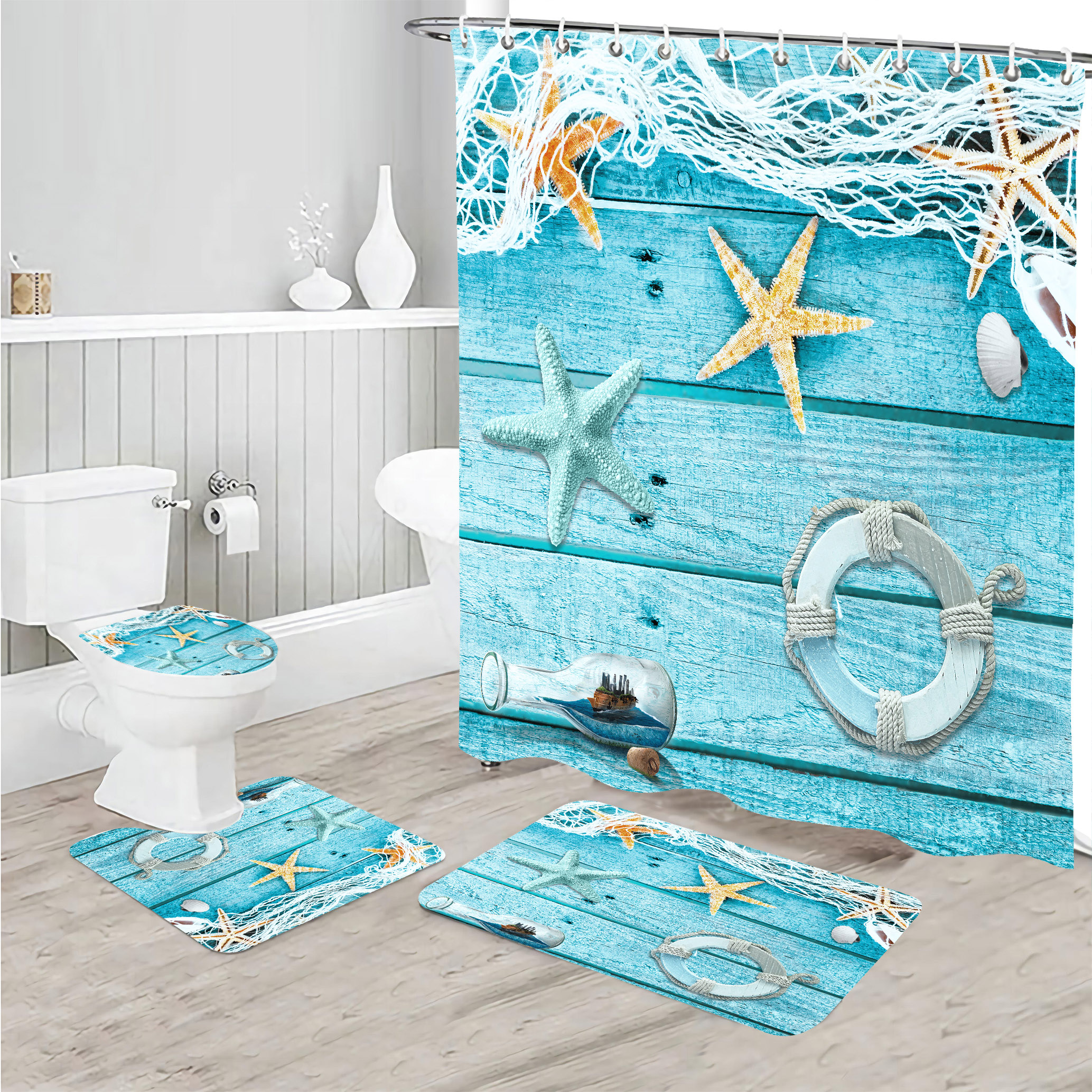 Durable Ocean Nautical Shower Curtain Set With 12 Hooks