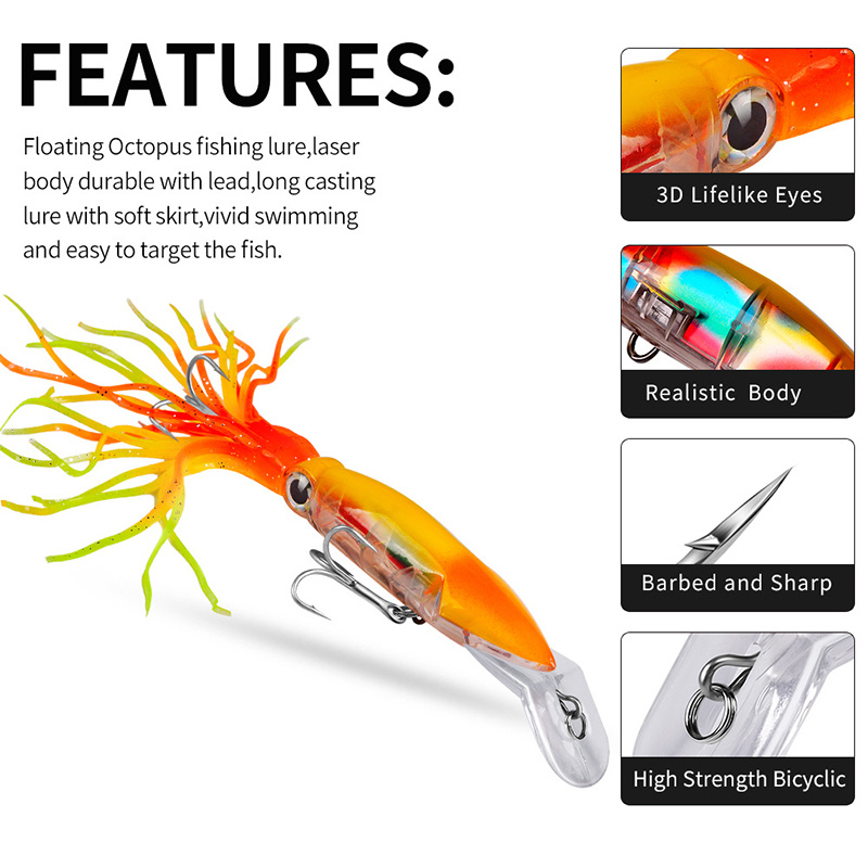 9PCS Luminous Octopus Soft Lure - Glow in The Dark Artificial Fishing Bait  with 3D Fishing Eyes and Curly Tentacles