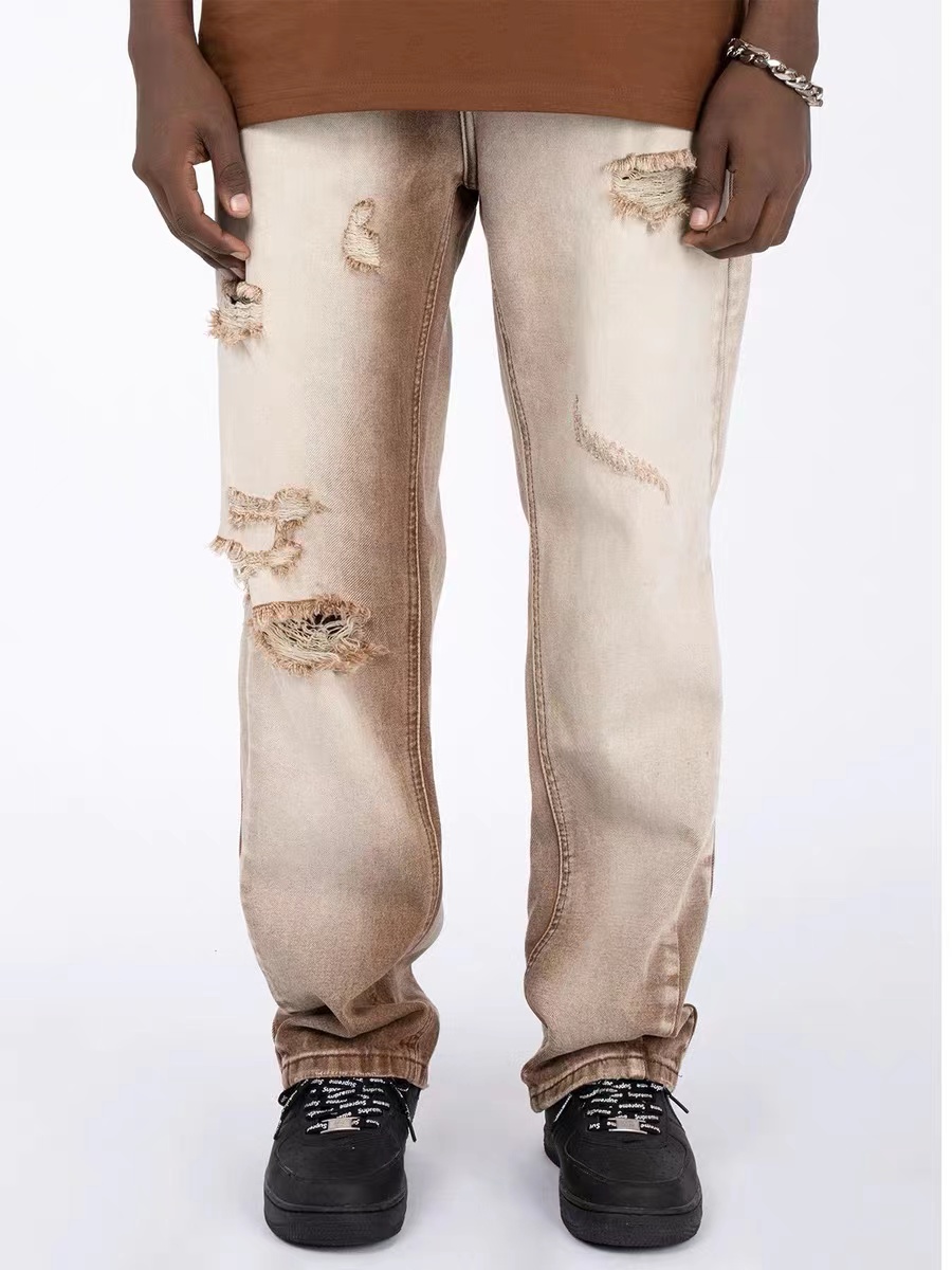 Street Style Mens Khaki Ripped Trendy Straight Leg Jeans Temu