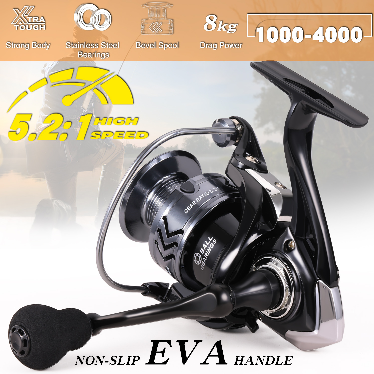 Cheap Sougayilang Fishing Reel 5.2:1 Spinning Fishing Reel with EVA Handle  for Bass Dark Yellow Fishing Reel