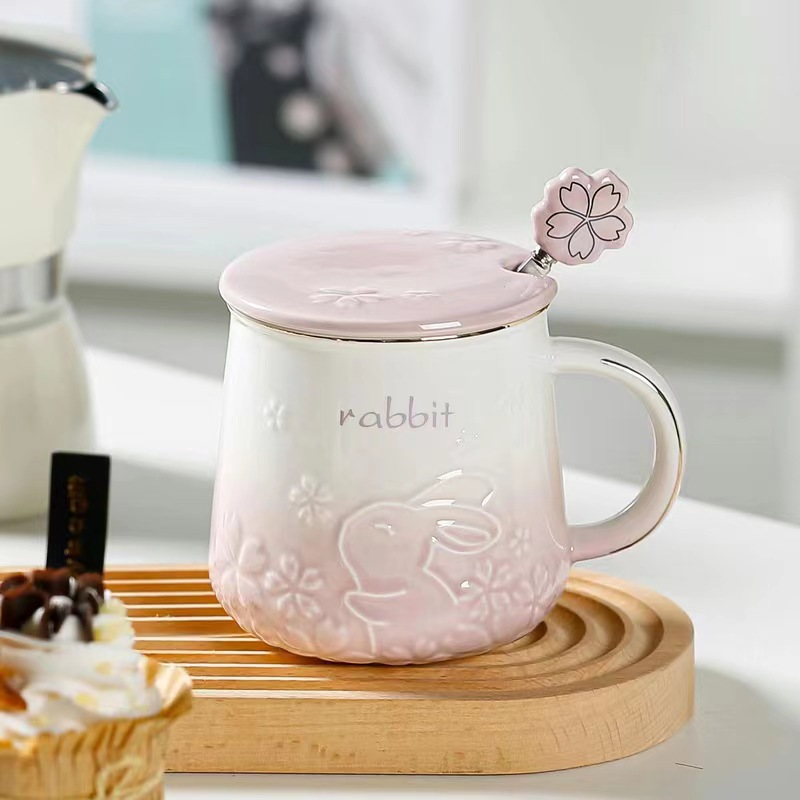 Pack Cute Ceramic Mugs With Rabbit Lids And Spoons, Mugs Kawaii