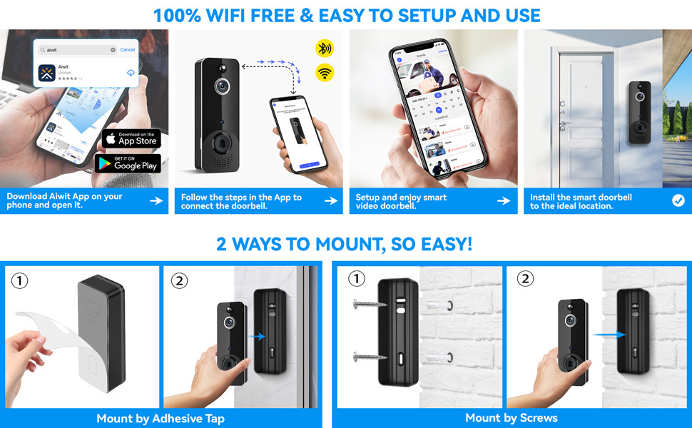 smart wireless doorbell camera with rechargeable batteries 2 way audio ai human detection pir motion detector 2 4g wifi hd live image night vision instant alerts cloud storage chime home security system details 8