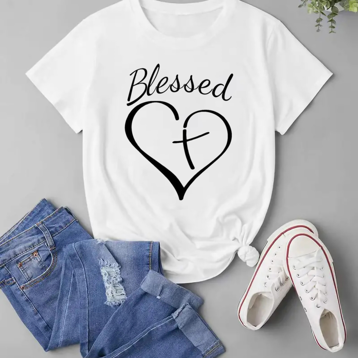 

Blessed Heart & Cross Print T-shirt, Crew Neck Short Sleeve T-shirt For Valentine's Day Gifts, Women's Clothing