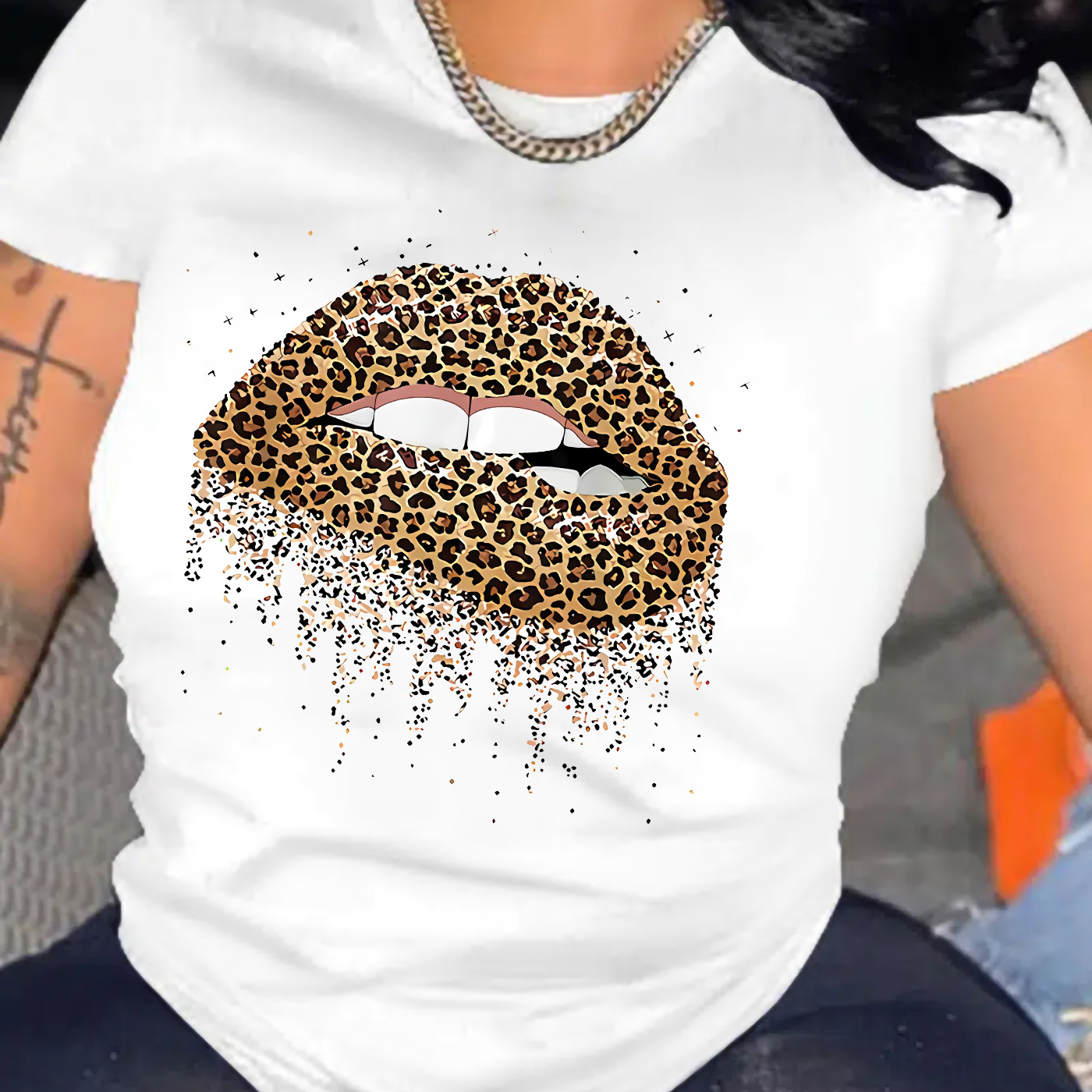 Leopard Lips Graphic Tee Shirt, Valentine's Day Crew Neck Short Sleeve Casual Everyday Tops, Women's Clothing