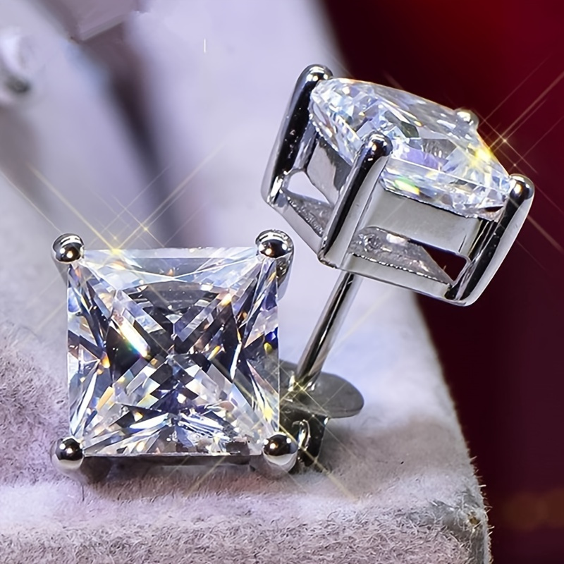

0.5-1.0*2 Cttw Classic Princess Cut Design Moissanite Stud Earrings S925 Sterling Silver Plated Promise Birthday Christmas Gift Perfect For Men