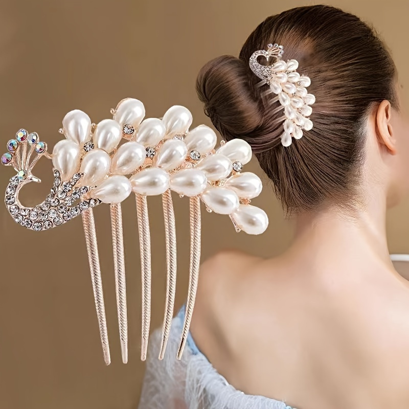 

Faux Pearl Peacock Shaped Hair Side Comb Sparkling Rhinestone Decorative Hair Pin Hair Bun Makers Elegant Hair Decoration For Wedding Bridal Banquet