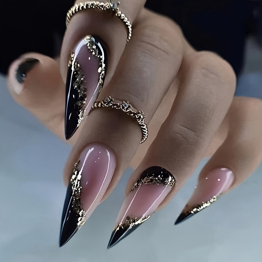 

24pcs Stiletto Shaped Fake Nails Medium Black French False With Golden Stripe Design Gothic Flash Press On Nails For Women Girls