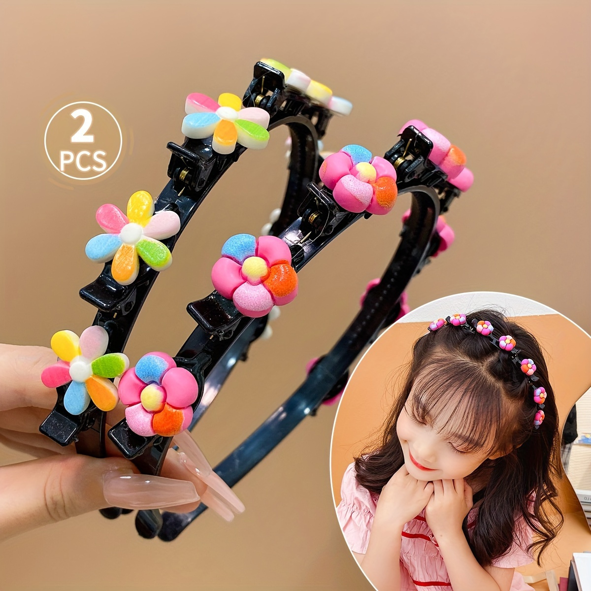 

2pcs Colorful Braided Hairbands For Girls - Resin, Non-woven Fabric