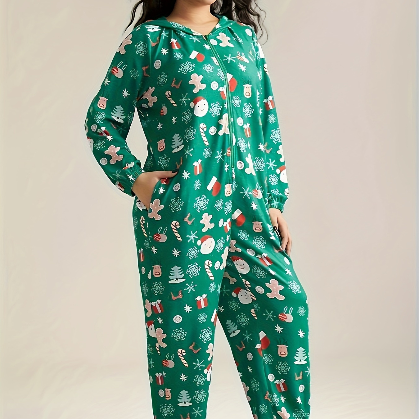 

Plus Size Christmas Party Sleep Jumpsuit, Women's Plus Christmas Graphic Zip Up Long Sleeve Hooded Lounge Jumpsuit With Pockets