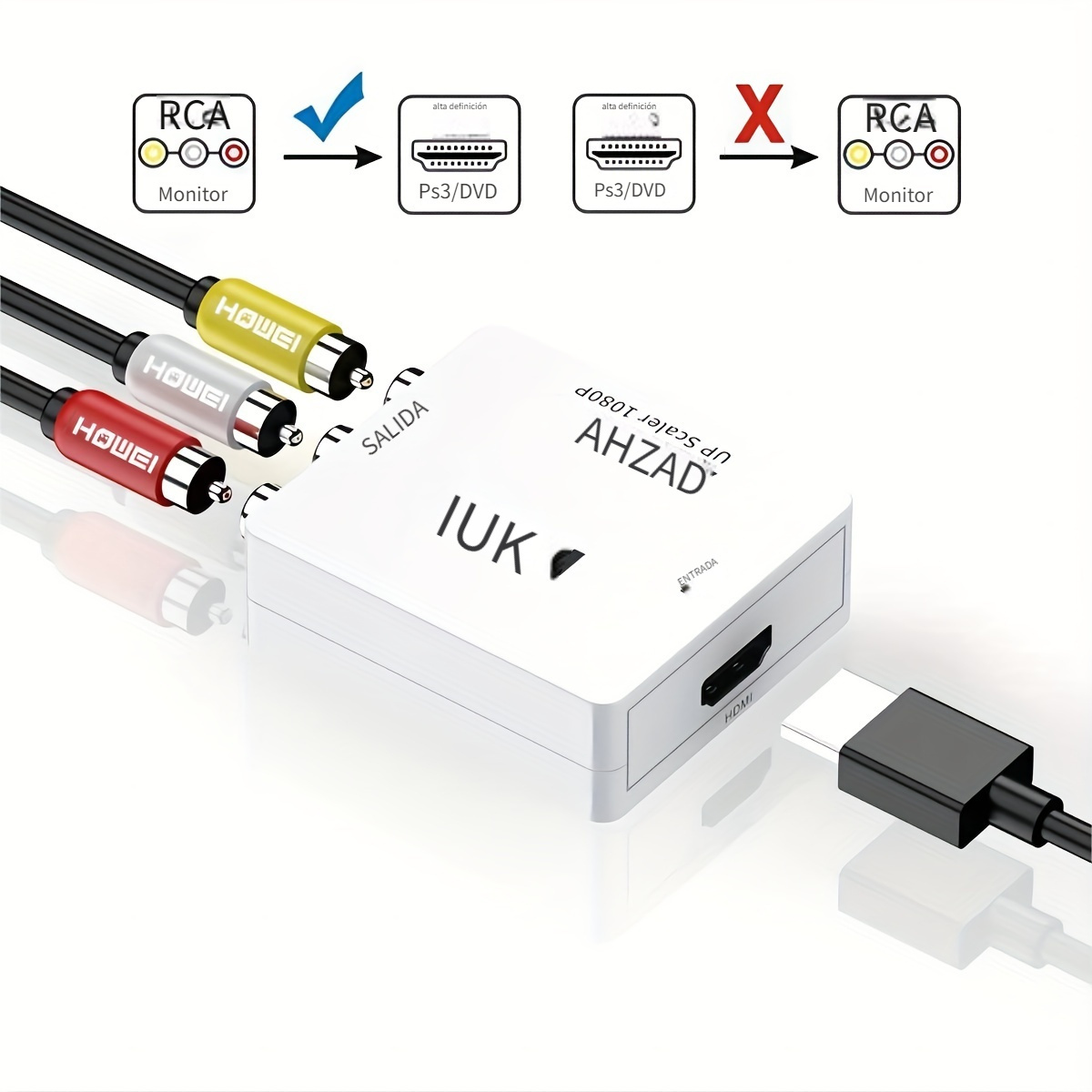 Dingsun Convertidor RCA a HDMI de 2 puertos Adaptador dual AV a HDMI,  compatible con 16:9/4:3, compatible con WII, N64, PS2, VHS, reproductores  de DVD