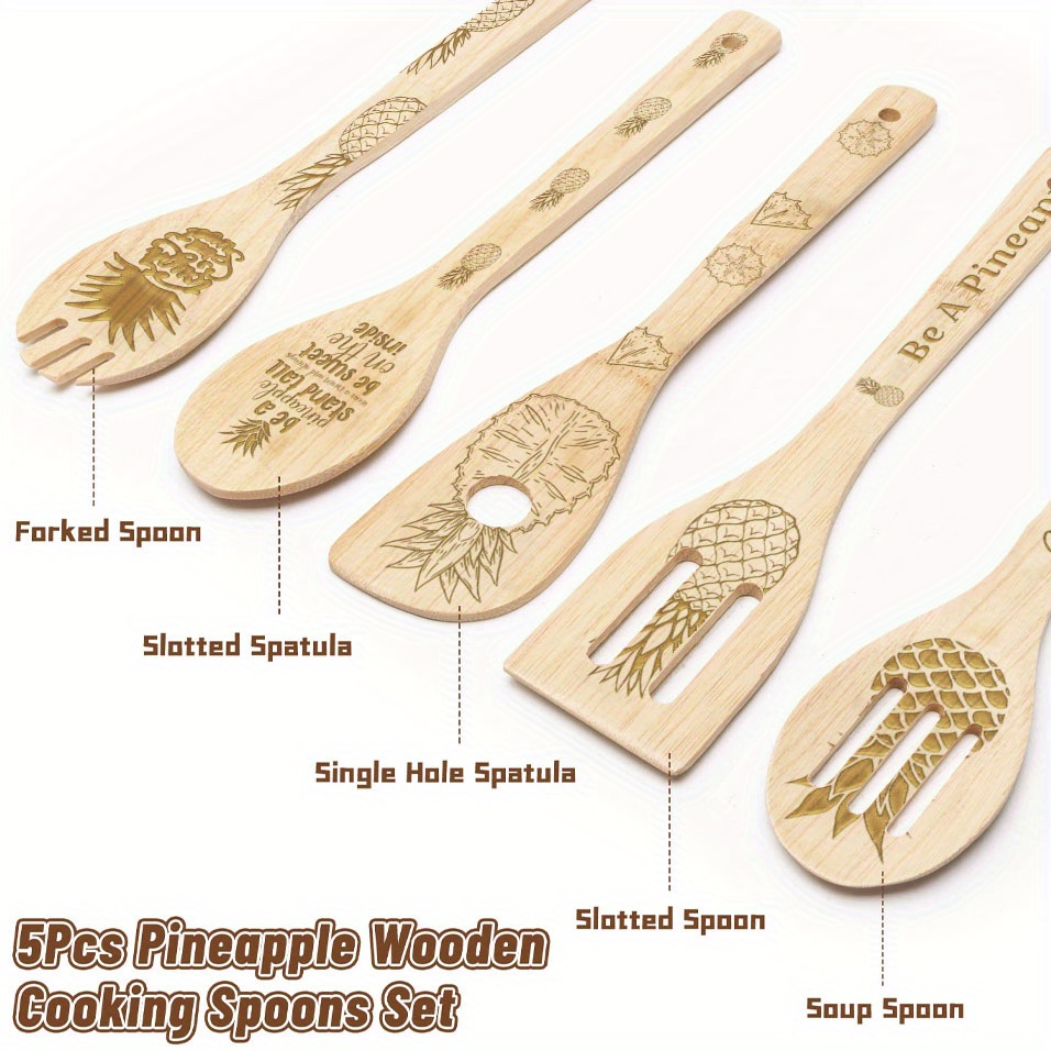 5pcs, Bamboo Ladles, Wooden Spoons Utensils, Bamboo Cooking Utensils Carve  Burned Wooden Spoon, Slotted Spatulas, Funny Kitchen Gadgets Non-stick Cook