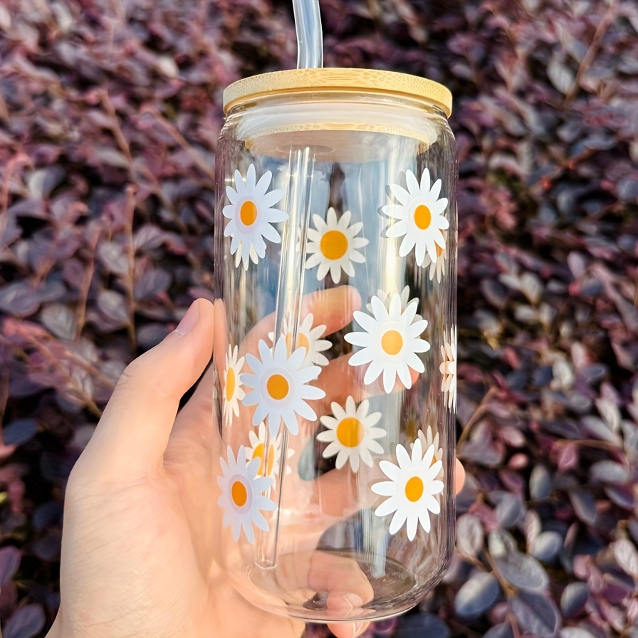 Daisy Flower Glass Cup, Iced Coffee Cup, Aesthetic Glass Cup, Beer Can Cup,  Happy Faces 
