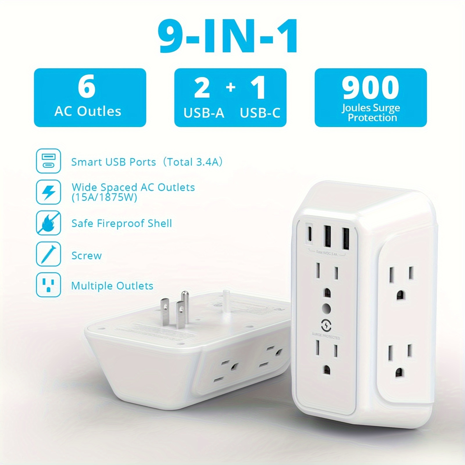 Wall Charger Protector 6 Outlet Extender With 3 Usb Charging Ports