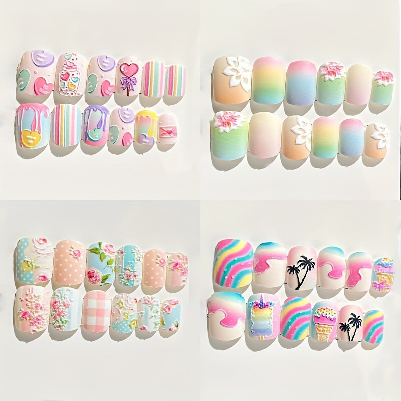 

96pcs Rainbow Short Square Fake Nails, Diversity Style Fake Nails, 5d Embossed Nail Tips, Floral Print Full Covered Acrylic Fake Nails Cute Press On Nails For Girls