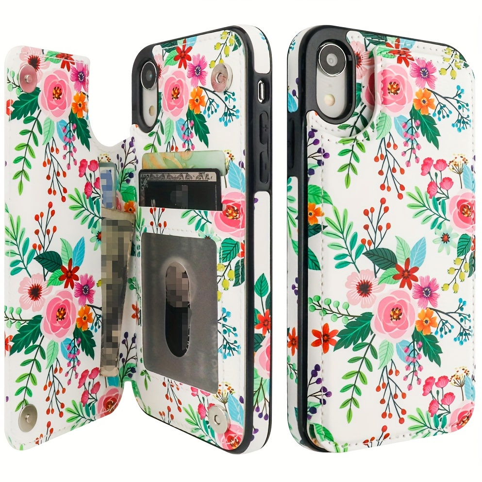 Flower Pattern Phone Wallet Adhesive PU Leather Card Holder for