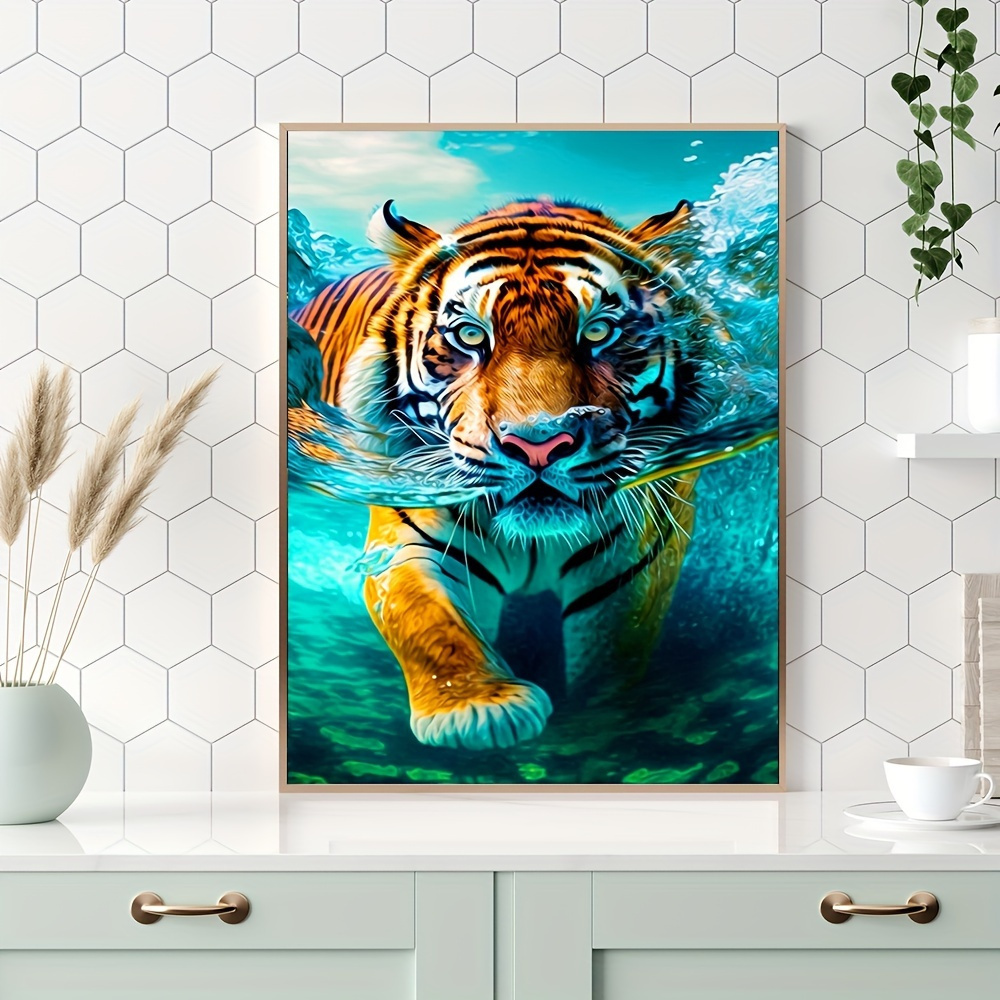

1pc 30x40cm/11.8x15.7in Adult Frameless Diamond Painting Kit, Tiger Pattern In Water, 5d Diamond Round Diamond Painting, Diy Handicrafts, Suitable For Home Decoration, Wall Decoration, Creative Gifts