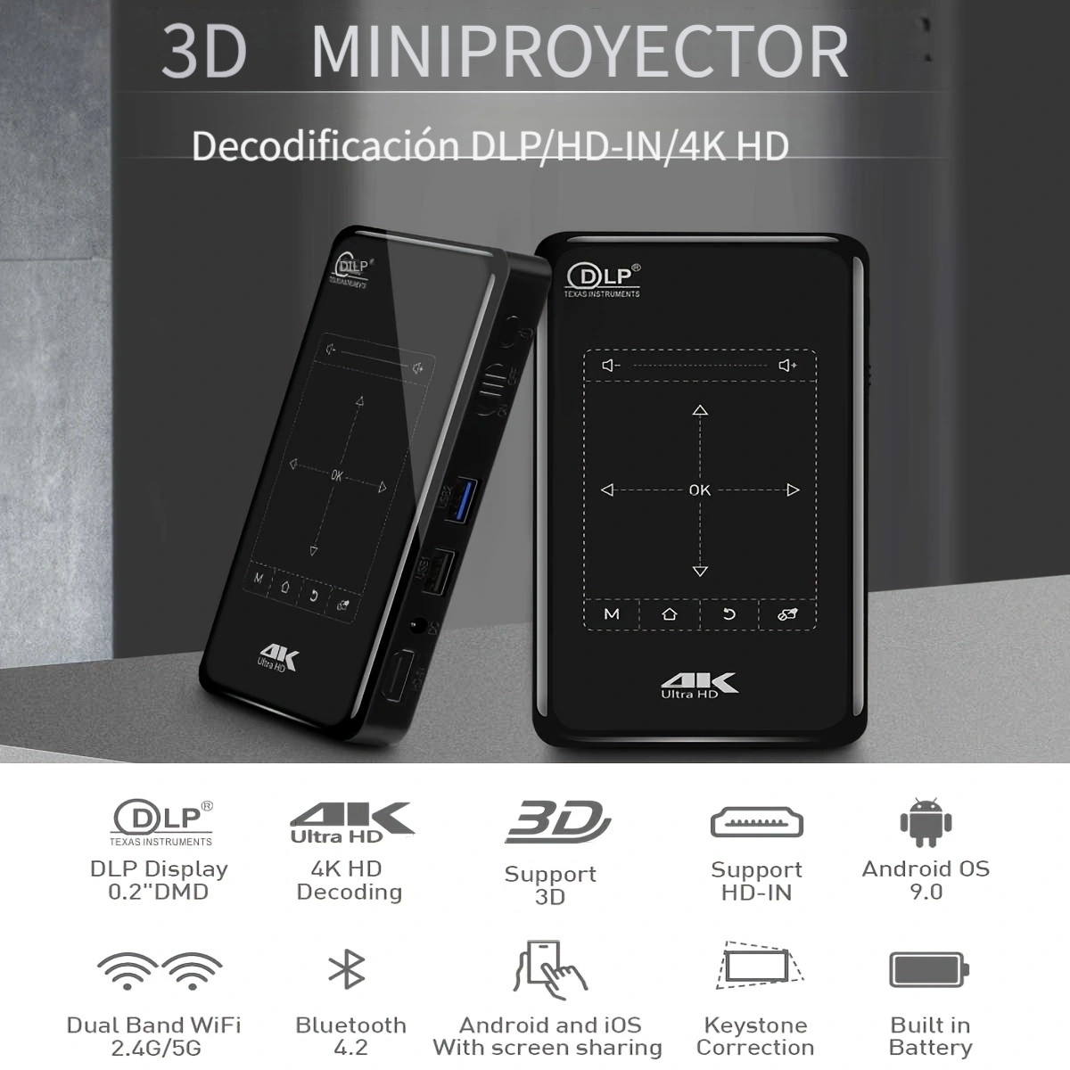 Mini proyector con batería de mano para Android, miniproyector con  bolsillo, 3D, 1080p, DLP, el más
