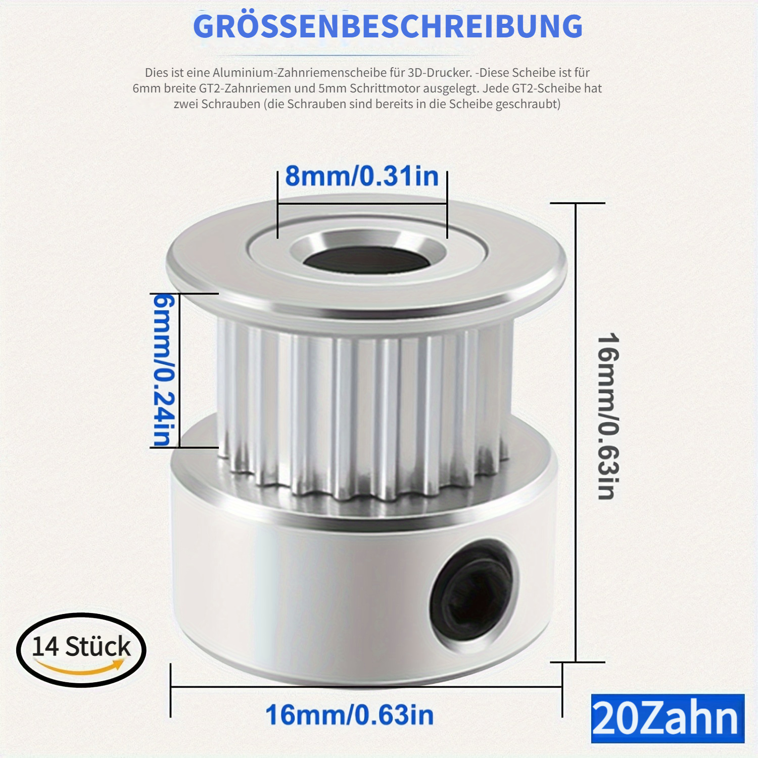 Riemenscheibe GT2 20 Zähne 8mm Bohrung für 6mm Riemen