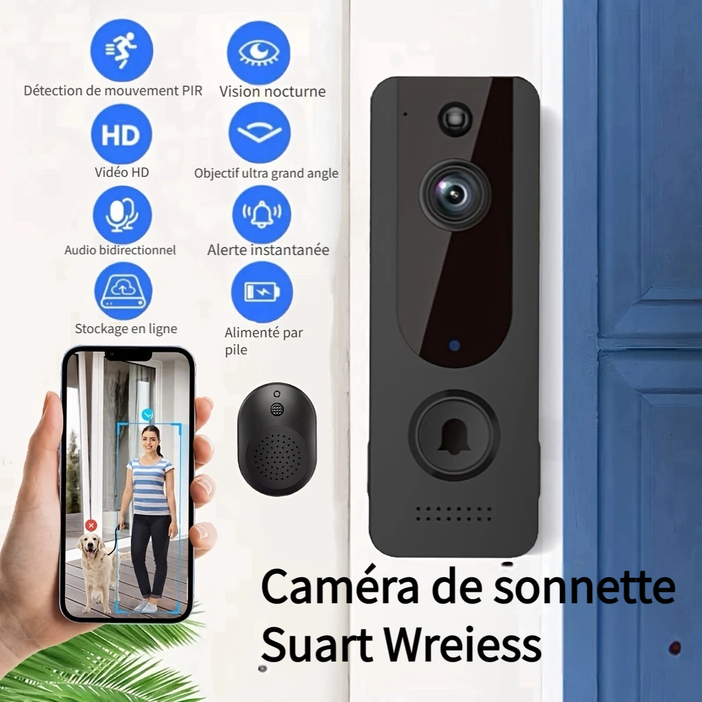 Interphone Video Sonnette Sans Fil etanche app avec camera WiFi Accueil  Securite IR Vision Nocturne