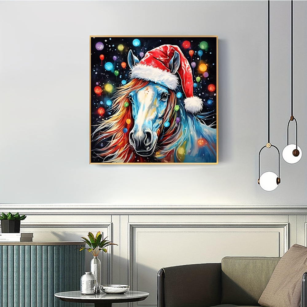 

1pc Large Size 40x40cm/15.7x15.7 Inches Frameless Diy 5d Diamond Painting Horse With Christmas Hat, Full Artificial Diamond Painting, Diamond Art Embroidery Kits, Handmade Home Office Wall Decor