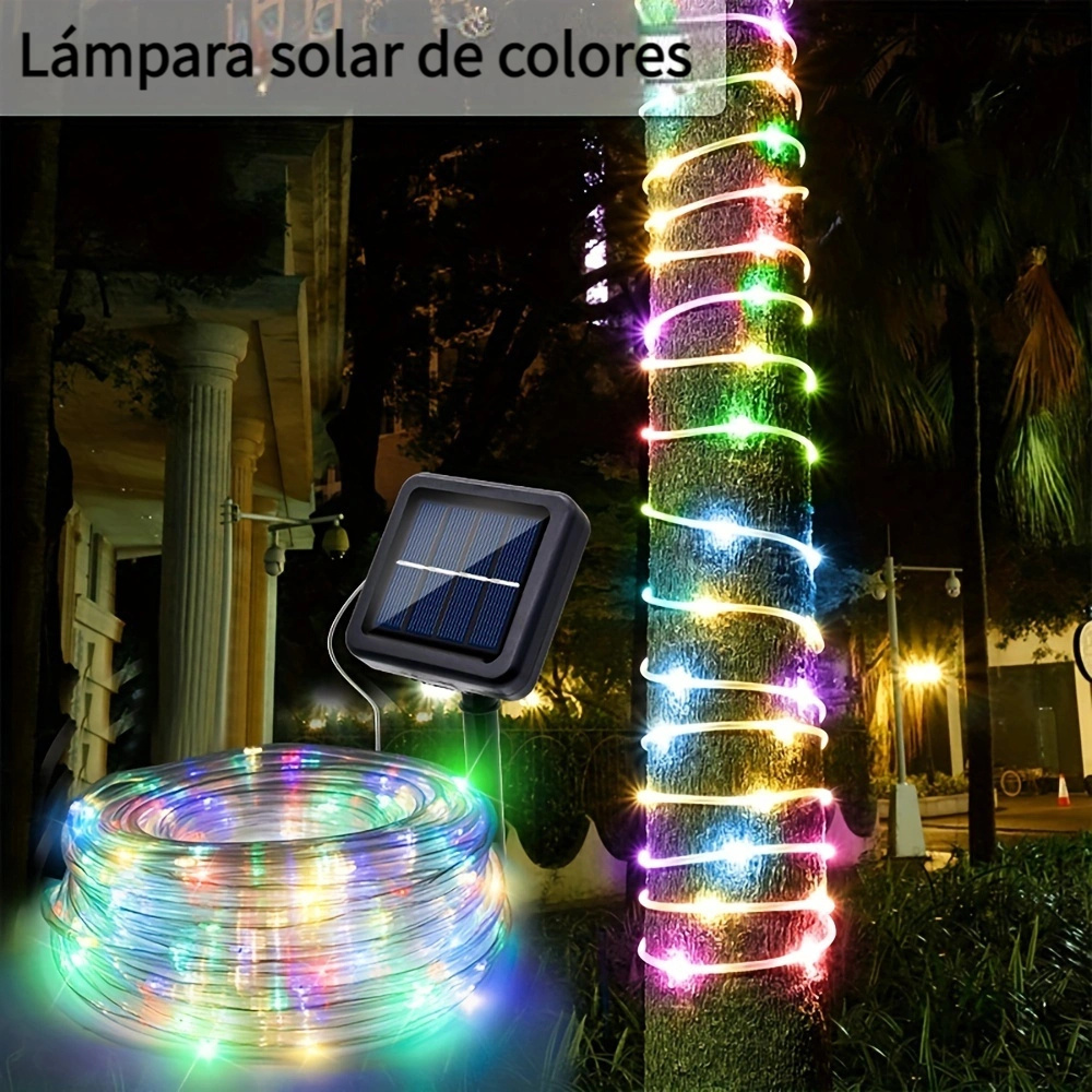  YEGUO Cadena de luces solares LED impermeables para exteriores,  2 paquetes de luces LED de 33 pies cada uno con cadena de 100 luces LED  para exteriores, tubo de PVC, tira