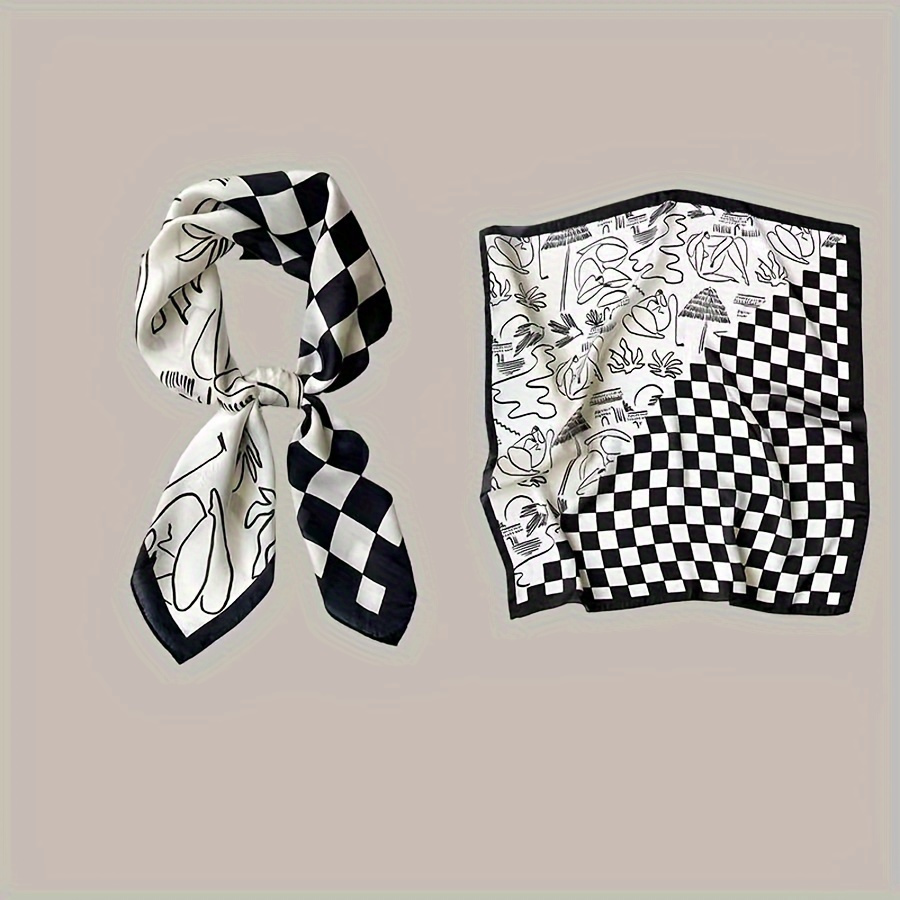 

Elegant Women's Checkerboard And Floral Square Scarf - Polyester Neck Scarf For Beach And Casual Attire, Hand-washable