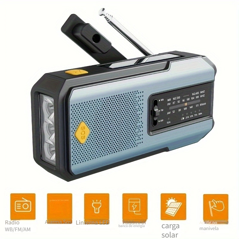 Radio de cuerda solar, de emergencia, manivela AM FM portátil con batería  recargable, linterna brillante para emergencia y al aire libre (azul) :  : Electrónica