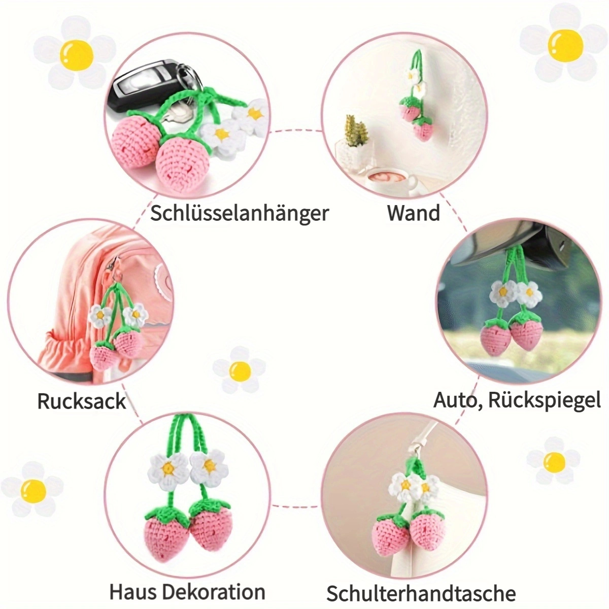 LINGJIONG Gestrickte Accessoires für das Auto - Häkeln Sie Stricken  Blumen-Auto-Anhänger,Rückspiegel-Anhänger, gehäkelte Rose, Sonnenblume