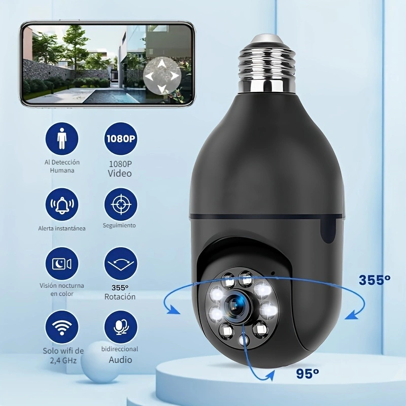  Cámara de bombilla 1080P, 360 grados al aire libre inalámbrica  2.4GHz 5G WiFi cámara compatible con visión nocturna inteligente, detección  de movimiento, audio bidireccional : Electrónica