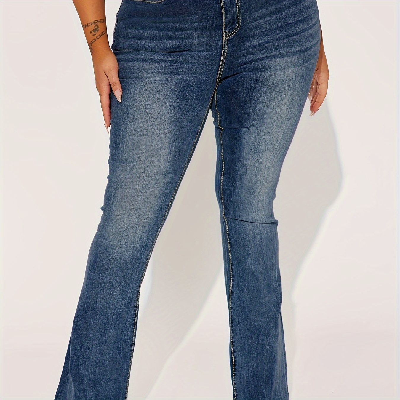 Plus Size Casual Jeans, Women's Plus Solid Button Up High Rise Flared Leg Jeans With Embroidered Pockets