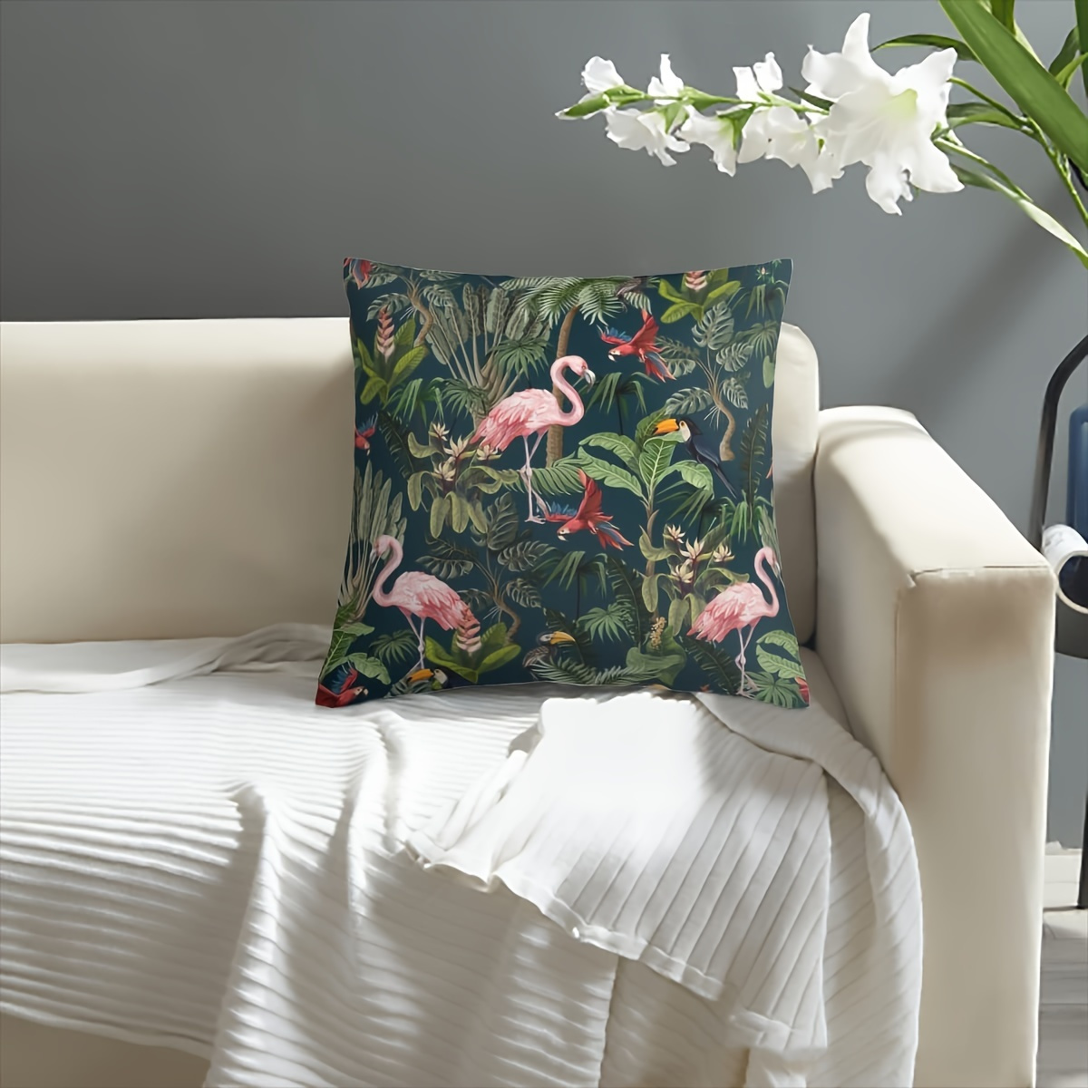 

1pc Designed Green Jungle Pattern With Toucan Flamingo Parrot, Soft Throw Pillow Cover Decorative Sofa Pillow Cases Fine-made Square Cushion Cover For Couch Bedroom Living Room Home Decor (18×18inch)