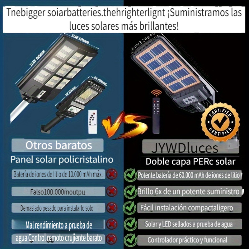 Luces solares de calle de 800 W para exteriores, impermeables, LED de 80000  lúmenes, luz de calle alimentada por energía solar, iluminación solar del