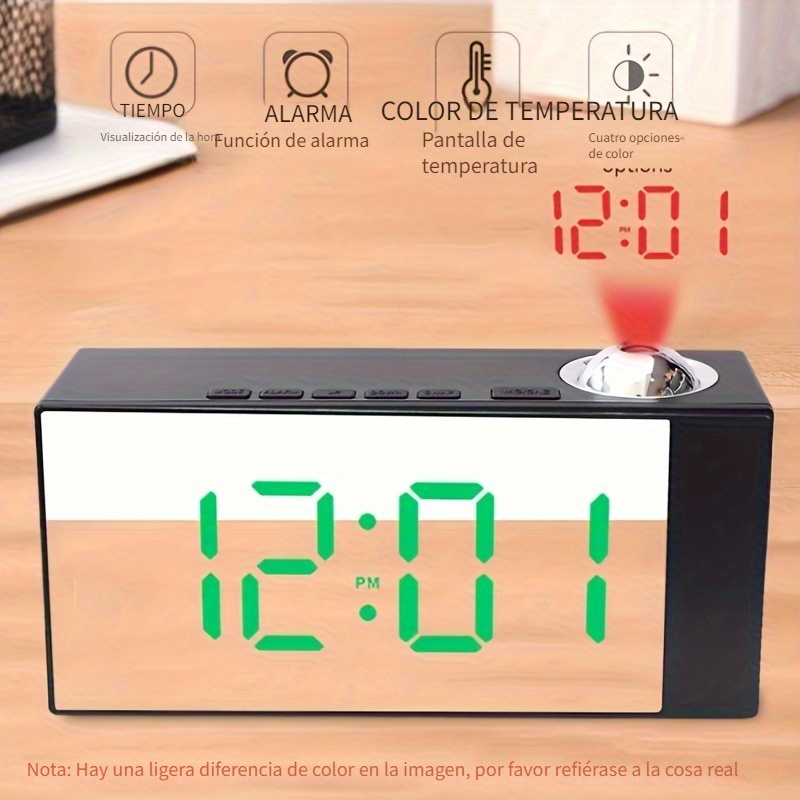  Proyector de despertador digital LED Radio FM Mesa de espejo  Relojes electrónicos Función de repetición 2 Pantalla de temperatura de  alarma-Negro : Hogar y Cocina