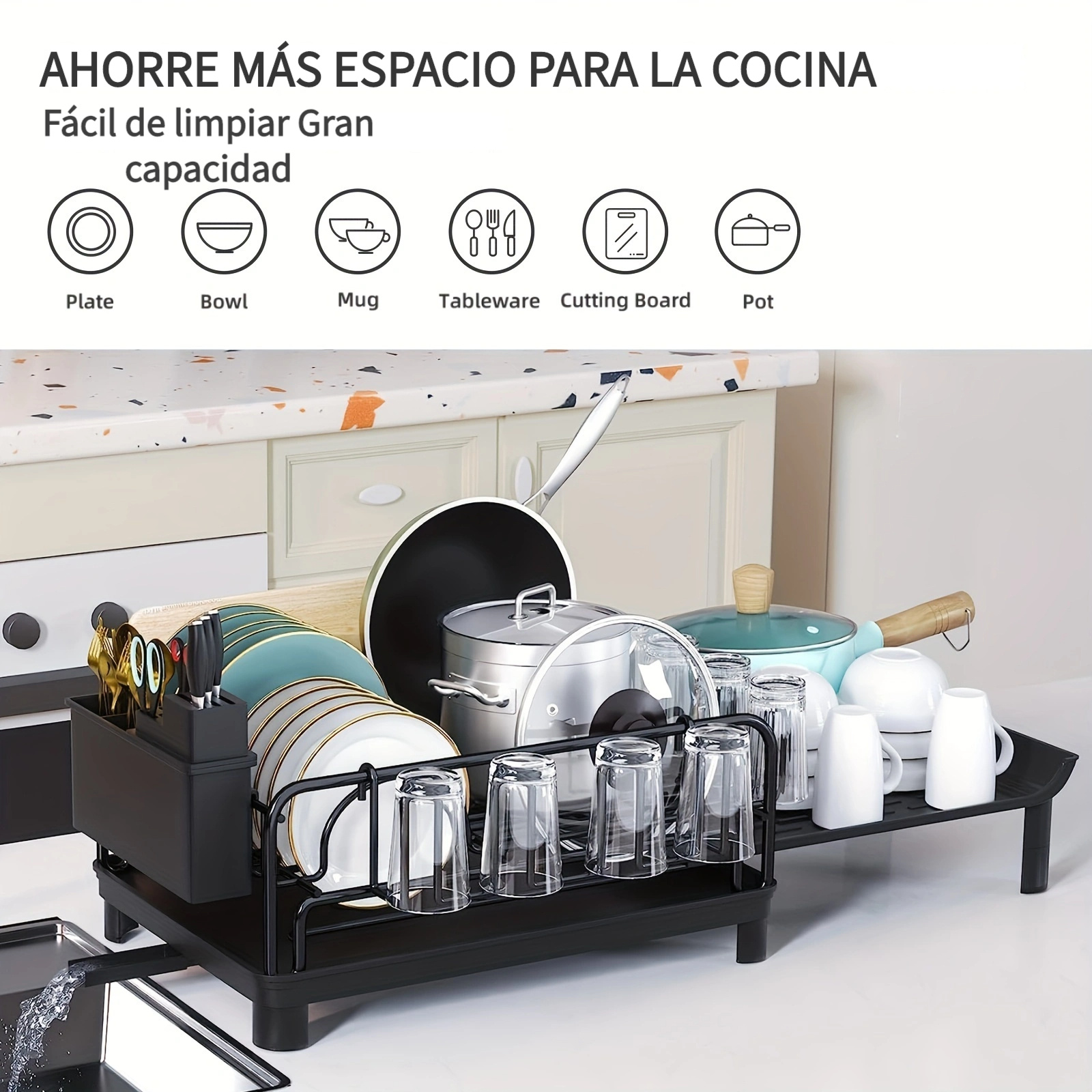 TOOLF Escurridor de platos de gran capacidad, escurridor de platos con  soporte para cubiertos, bandeja de goteo extraíble, soporte para tazas