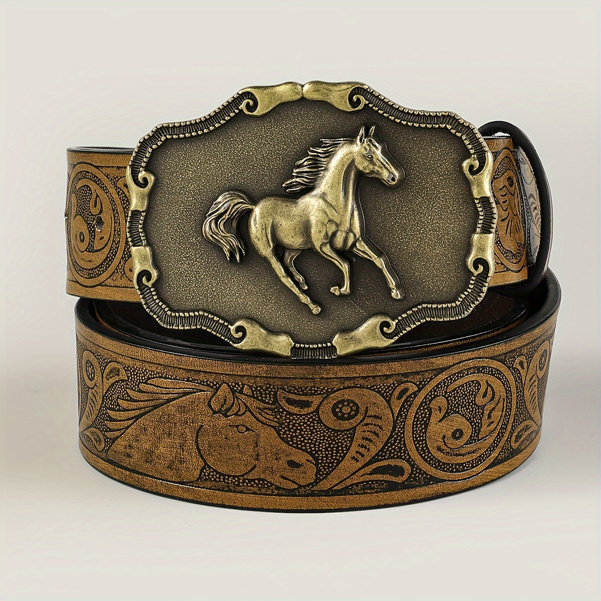 

Western Horse Carved Buckle Belts Vintage Embossed Solid Color Pu Waistband Classic Cowboy Cowgirl Jeans Pants Belt For Women & Men