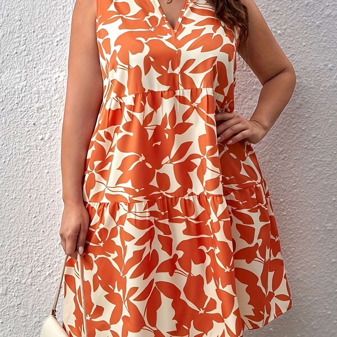 

Plus Size Plant Print Ruched Dress, Vacation Style Sleeveless Notched Neck Dress For Spring & Summer, Women's Plus Size Clothing