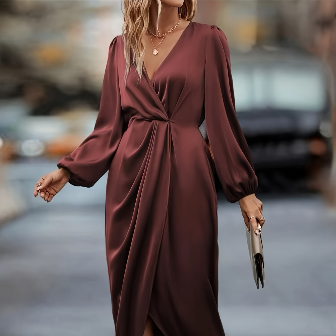 

Solid V Neck Dress, Elegant Lantern Sleeve Dress For Party & Banquet, Women's Clothing