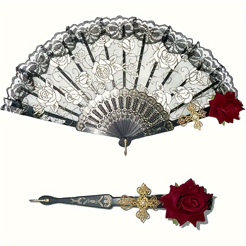 

1pc Vintage Spanish Folding Fan Flamenco Rose Flower Lace Dacing Spain Flower Hand Fan For Women Party Wedding Gift (black)