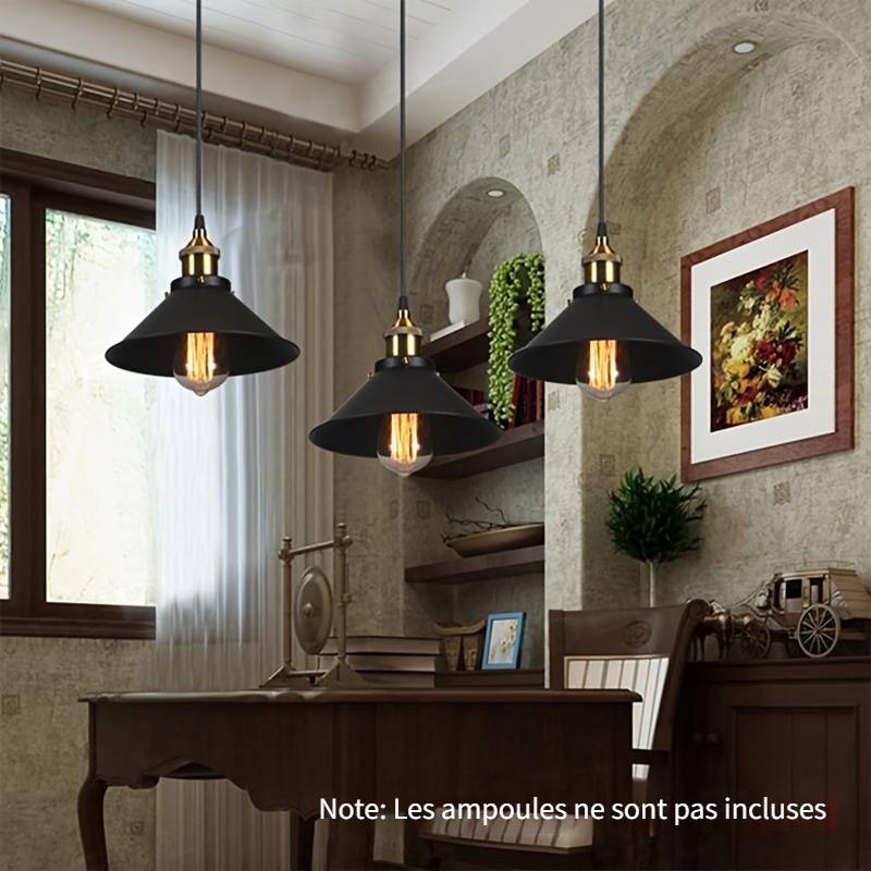 Lot De 3 Suspensions Plafond Industriel Rétro - Douille E27, Câble Réglable - Métal Nickelé (Sans Ampoule)