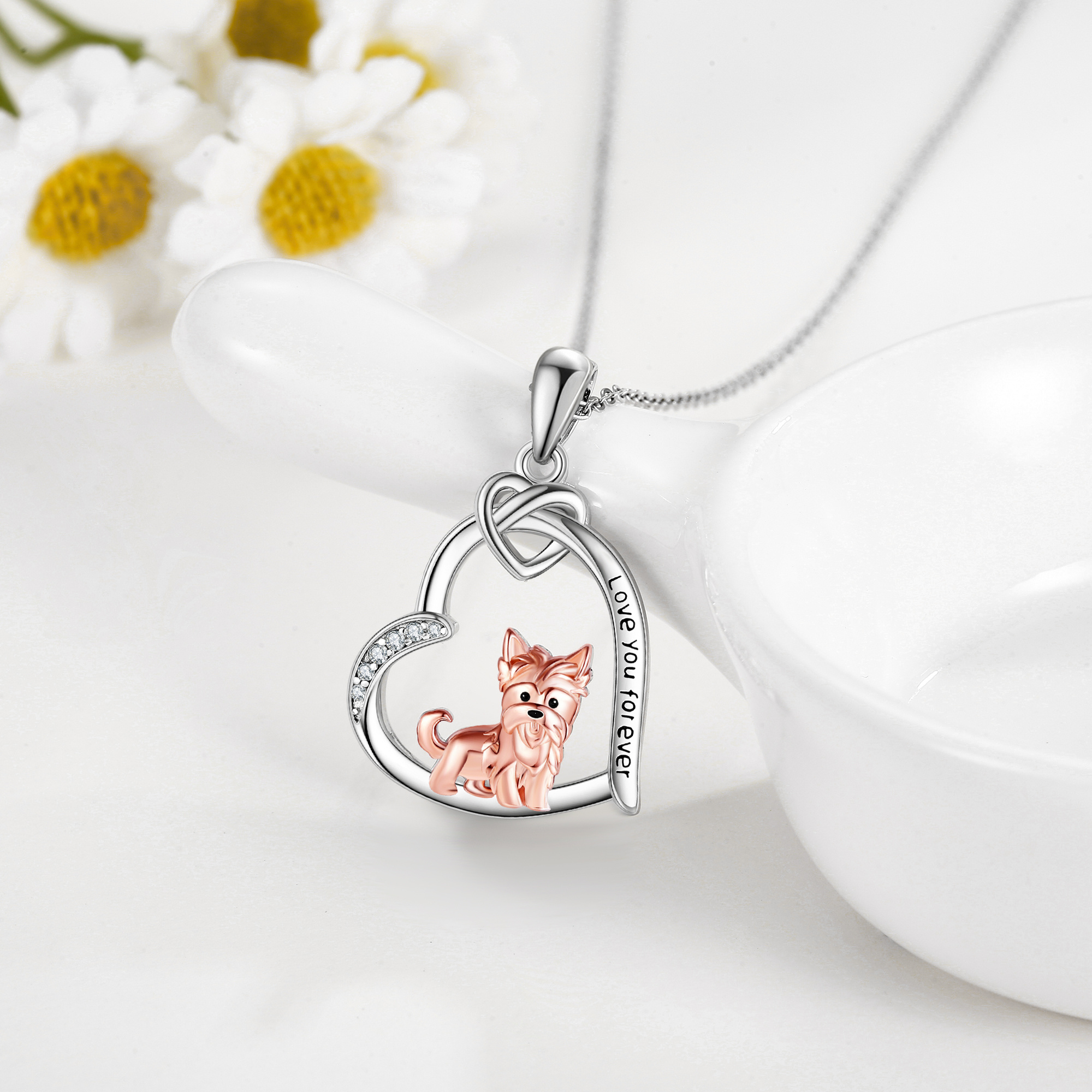 925 Sterling Silver Yorkshire Terrier Necklace with Zirconia