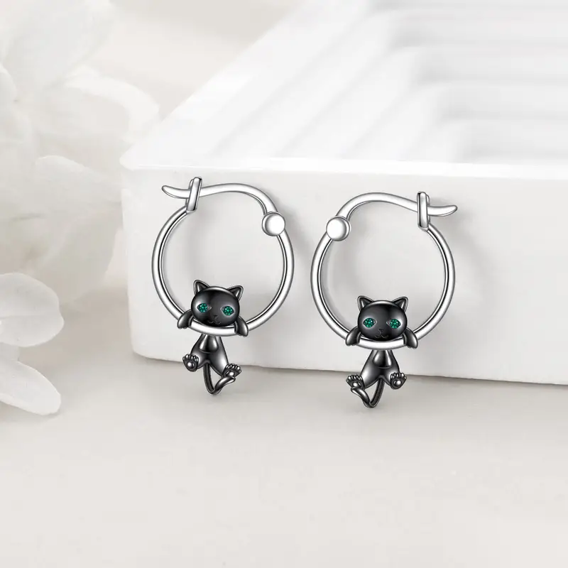 925 sterling silvery black cat ear dangle earrings cute cartoon hypoallergenic synthetic stone no power needed daily wear gift cat accessories casual jewelry minimalist jewelry durable jewelry Product details 2