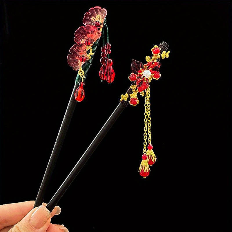 1pc Chinese Style Hair Sticks Vintage Wooden Red Flower Tassel Hairpins Elegant Romantic Plate Hair Accessories, Christmas Gifts,Temu