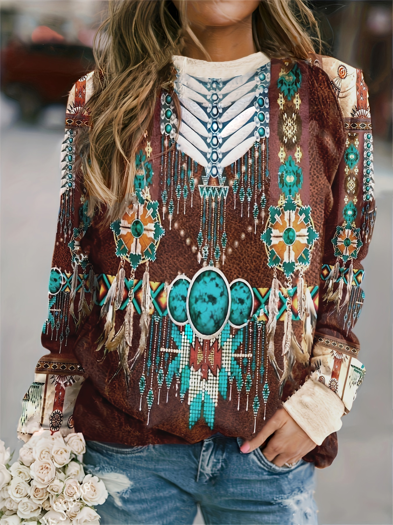 western ethnic print crew neck sweatshirt vintage long Temu