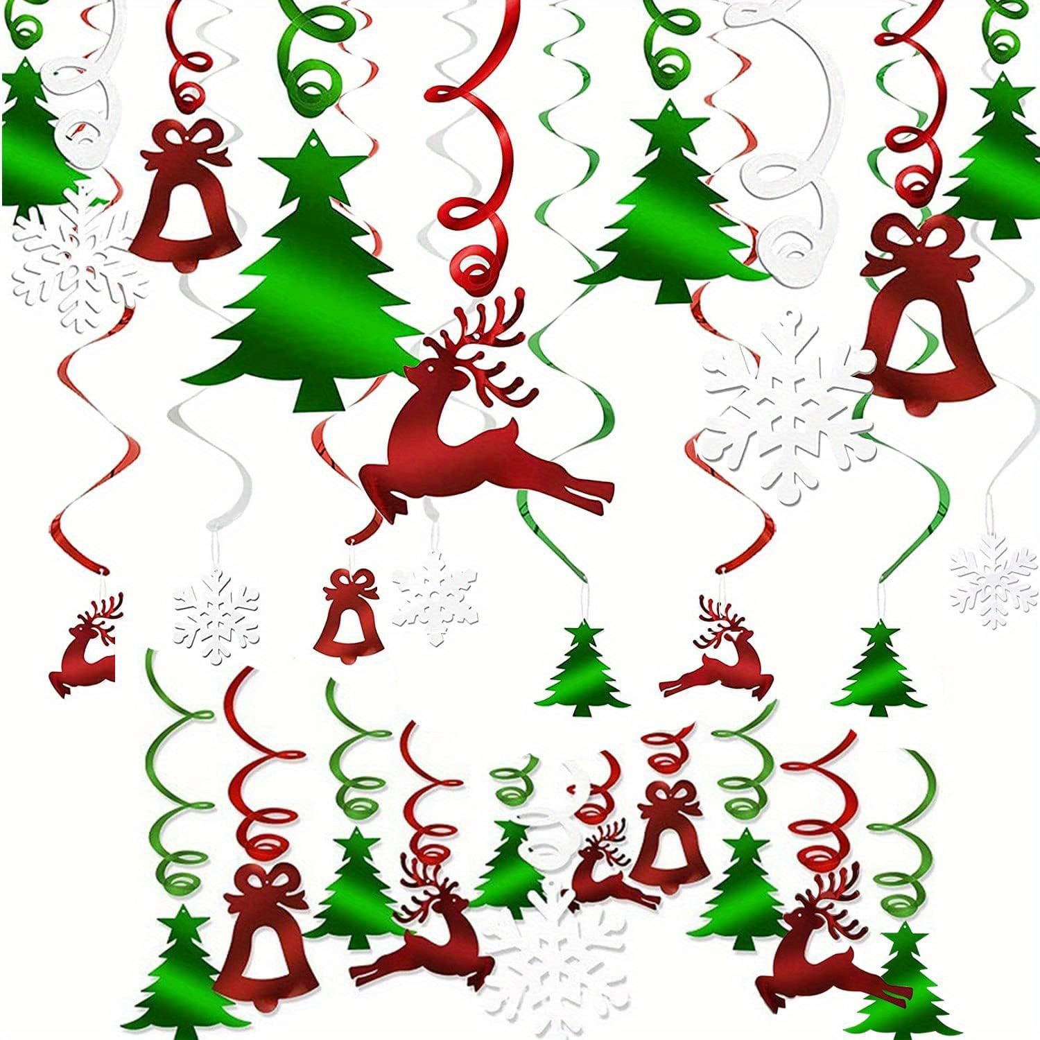 TEMU 30pcs, Christmas Decorations Indoor Hanging Foil Swirls Christmas Tree Bells Elk White Snowflake Ornaments Merry Christmas Party Decorations For