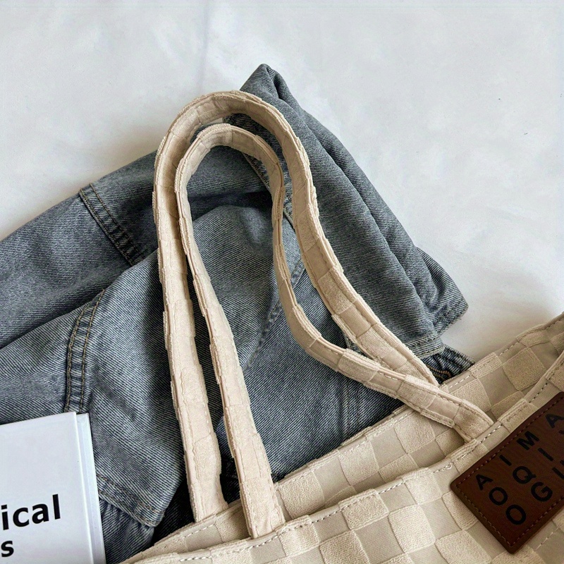 Plaid Embossed Canvas Tote Bag, Letter Patch Decor Shoulder Bag, Fashion  Large Capacity Handbag For Women - Temu Finland